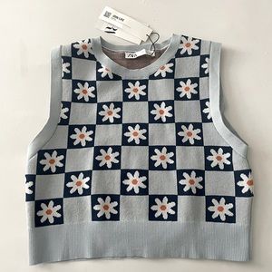 Zara Blue and White Checkered Daisy Knit Top